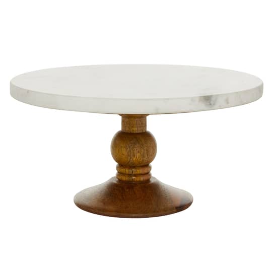 12" White Marble & Natural Wood Serving Tray